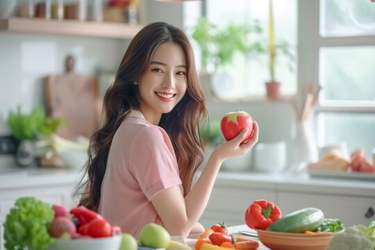 Woman smiling with fresh apple in modern kitchen: cheerful young woman enjoys a red apple amidst a variety of fresh vegetables in a sunny kitchen setting