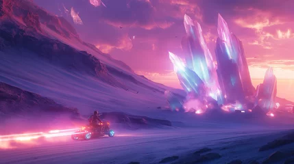 Tuinposter A surreal, neon-lit desert with giant crystal formations emitting light, and a traveler on a glowing hoverbike speeding across the sands. © mikhailberkut