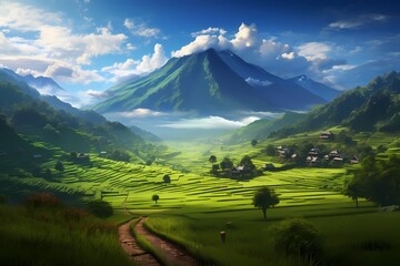 A mesmerizing view of sprawling emerald fields, gradually ascending towards a majestic mountain peak in the distance.