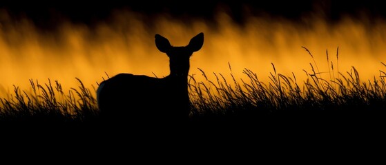  A deer silhouette stands against an orange-black backdrop amidst tall grass
