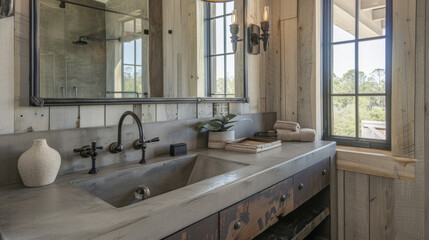 An industrial farmhouse bathroom with concrete countertops, a farmhouse sink, and black iron fixtures