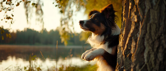 he dog put paws on the tree. Bordek collie by the lake in the park - obrazy, fototapety, plakaty