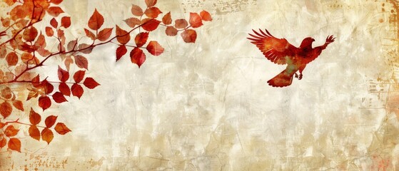  Bird flying near tree with red leaves on grungy background
