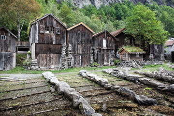 Typical old fishing shacks at the Village of Geiranger and the Geirangerfjord, Norway