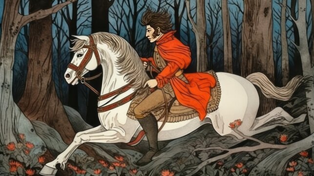 A man is riding a white horse through a forest. The man is wearing a red coat and has a beard. The horse is galloping through the woods, and the man is holding a sword