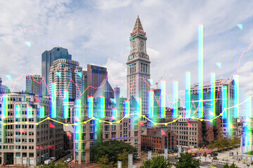 Boston cityscape with a hologram of stock market data overlay. Urban and finance concept. Double...