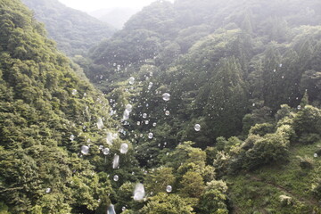 山に飛ぶシャボン玉