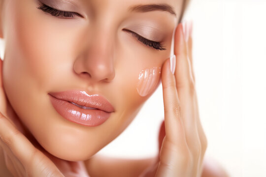 Luxurious Beauty Close-Up: Perfect Skin, Luscious Lips, and a Touch of Elegance with Gentle Hand Placement Description