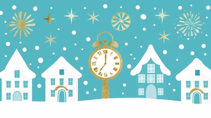 Create a charming illustration for a New Years greeting card, featuring a clock striking midnight, fireworks illuminating the
