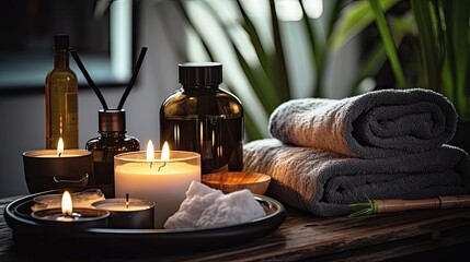 bath accessories, creams, soap, shampoo, towels, candles, relaxation, dark backgroun