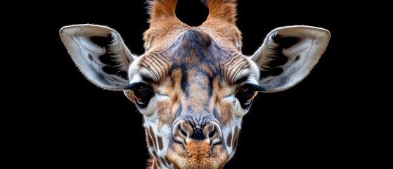  A close up of a giraffe's face on a black background with a white background in the distance