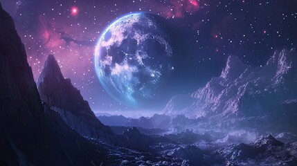 Majestic Moonlit Celestial Landscape with Towering Icy Mountains and Starry Galaxy