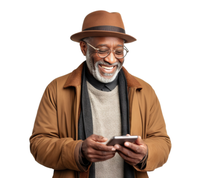 Happy African American middle-aged man using cell phone, cut out
