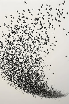 photorealistic image of a swarm of many birds flying in a strong formation