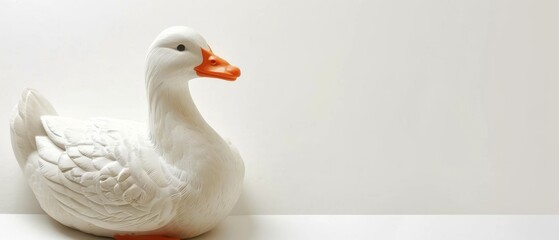  A white duck with an orange beak is sitting on a white surface in front of a white wall against a white background - obrazy, fototapety, plakaty