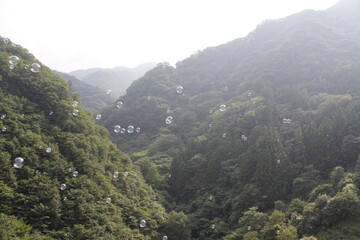 山に飛ぶシャボン玉