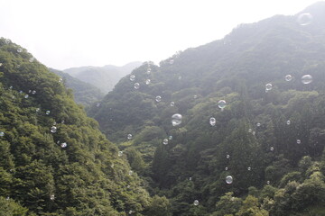 山に飛ぶシャボン玉