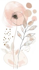Abstract minimalistic scandinavian botanical art with warm color tones. A delicate composition of floral and foliage elements intertwined with abstract warm colored shapes and subtle brushstrokes