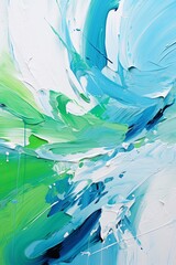 Splashes of bright paint on the canvas. blue, green and white colors. Interior painting