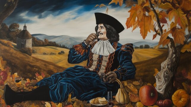 A man in a blue costume is sitting in a field with a pumpkin and an apple. The painting has a mood of relaxation and leisure