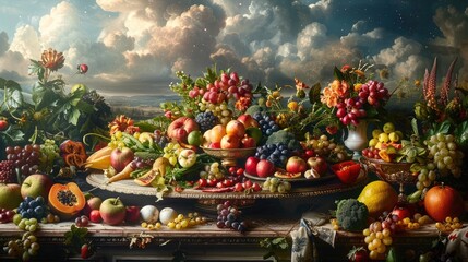 Vibrant Autumnal Harvest Display of Fresh and Ripe Fruits and Vegetables Arranged in a Rustic Wooden Setting - obrazy, fototapety, plakaty