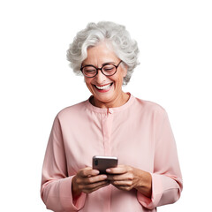 Fototapeta premium Happy middle-aged woman using cell phone, cut out