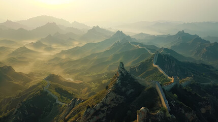 Sunset casting a golden glow over the Great Wall of China and the surrounding mountain landscape,ai generated