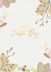 happy easter with decorated eggs, carrot, easter bunny,botanical elements on a subtle background beautiful design greeting card.