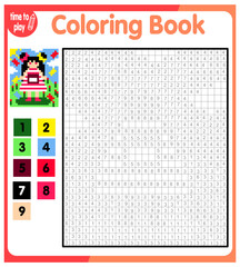 Coloring by numbers, educational game for children. Coloring book with numbered squares. doll