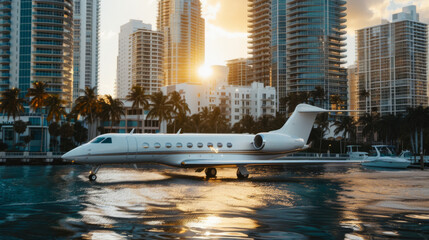 Design an aerial view of airplanes flying over the sparkling waters and palm-fringed beaches of Miami, Florida, with