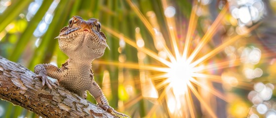  A lizard perched on a palm tree branch under bright sunrays - obrazy, fototapety, plakaty