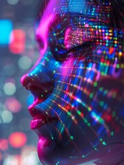 Face adorned with holographic mirror grid pattern scales, reflecting a kaleidoscope of colors under a cyberpunk cityscape, 