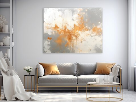 Splashes of bright paint on the canvas. gray, beige and white colors. Interior painting