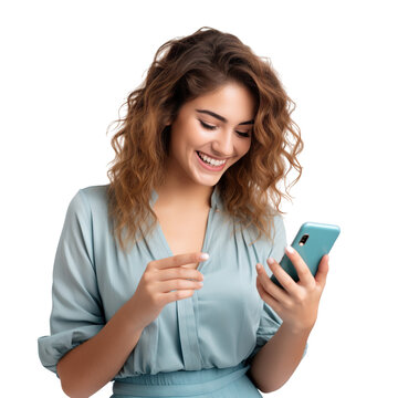 Happy young woman using cell phone, cut out