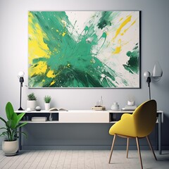 Splashes of bright paint on the canvas. green, yellow and white colors. Interior painting