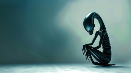 Eggshaped alien creature, its form a sable shadow against a minimalist backdrop, hinting at the mysteries of consciousness,  - obrazy, fototapety, plakaty