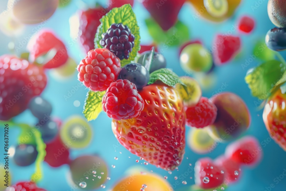 Poster a close up of a strawberry with a leaf on top of it. the image is of a fruit salad with a variety of