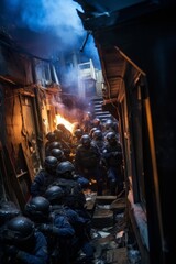 A police raid on a suspected drug den, highlighting the ongoing battle between law enforcement and criminal elements in the ghetto - obrazy, fototapety, plakaty