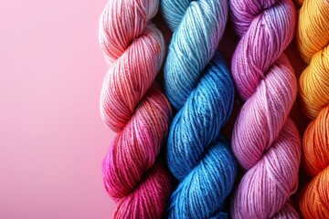 Row of skeins of yarn on pink background. Multiple colorful wool skeins on a pink background. Knitting wallpaper. Space for text. - obrazy, fototapety, plakaty
