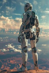 Cyborg with mechanical limbs standing at horizons edge, Earths structure visible beneath, a blend of technology and nature,  - obrazy, fototapety, plakaty