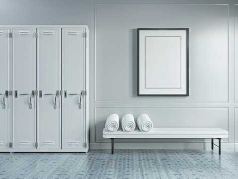 A gym locker room with a white wall and a black framed picture. The picture is white and has no content. The room has a clean and organized appearance