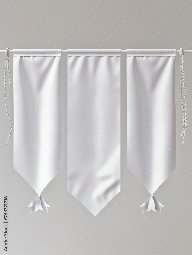 Poster three white flags hanging from a string. the flags are white and have no writing on them