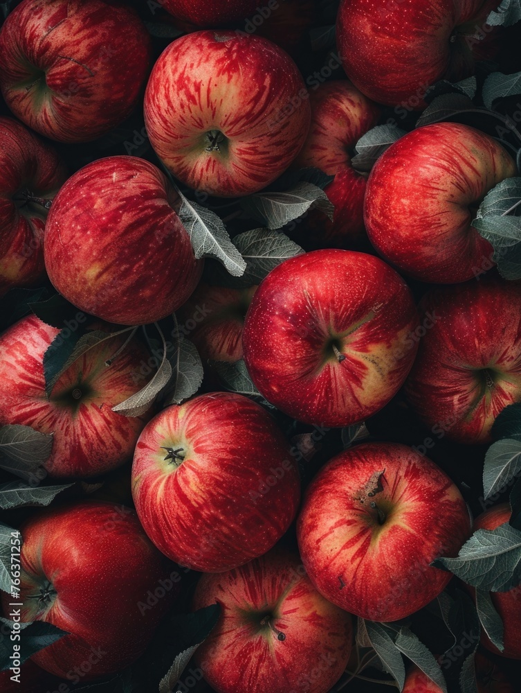 Poster a close up of many red apples with green leaves. the apples are shiny and have a glossy appearance