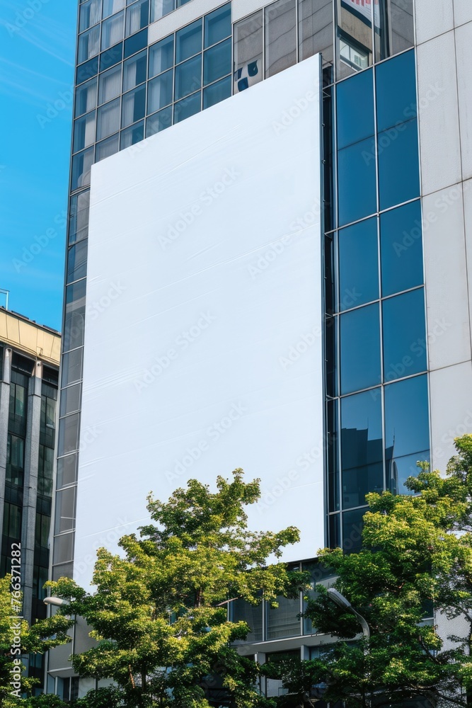 Poster a large white building with a blank wall. the building is surrounded by trees and has a lot of windo