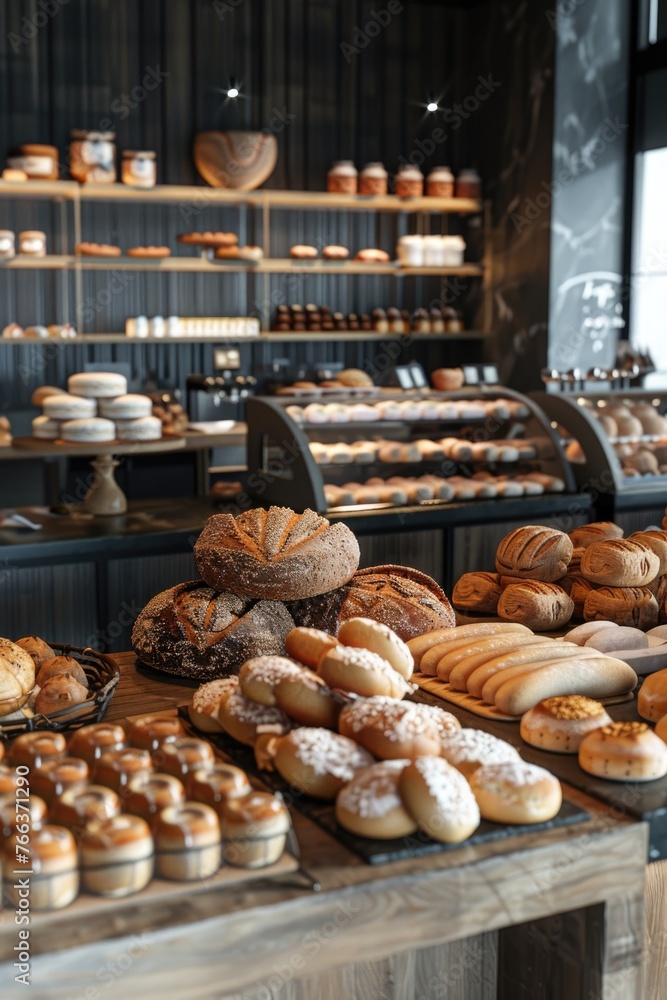 Poster a bakery with a variety of breads and pastries on display. scene is inviting and warm, as the bakery