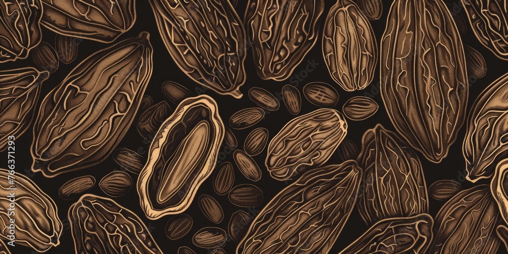Poster a close up of nuts with a brown background. the nuts are of different sizes and shapes