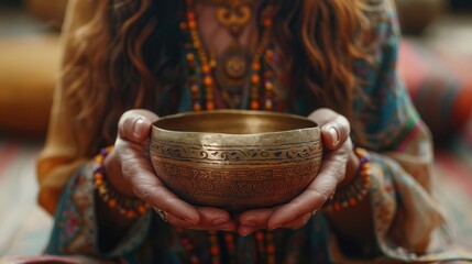 Tibetan Singing Bowl: Woman's Hands Transforming Impure Body, Speech & Mind into Pure Exalted...