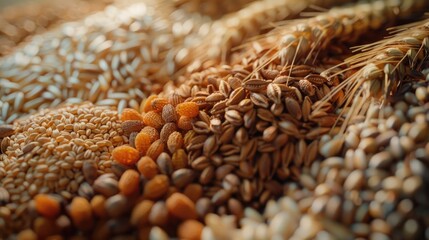 Obraz premium A close up of various grains of wheat and other grains. The grains are spread out and appear to be of different sizes and shapes. Concept of abundance and variety