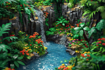 3D model of a rainforest with caves, cliffs, streams, bridges, cartoons made from Lego. Game scene model