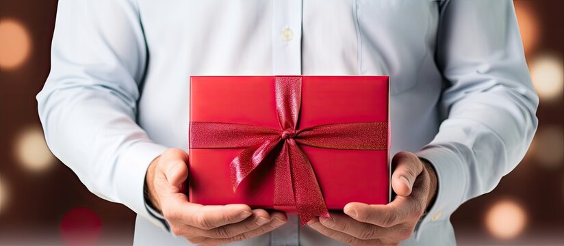 The man is grasping the red gift box with a ribbon using his hand. He is holding it securely with his thumb and fingers as a gesture of appreciation